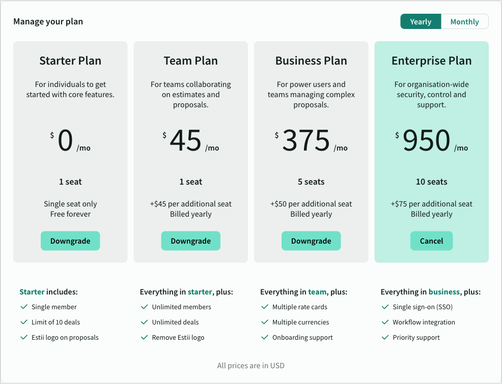 Available plans displayed in billing settings