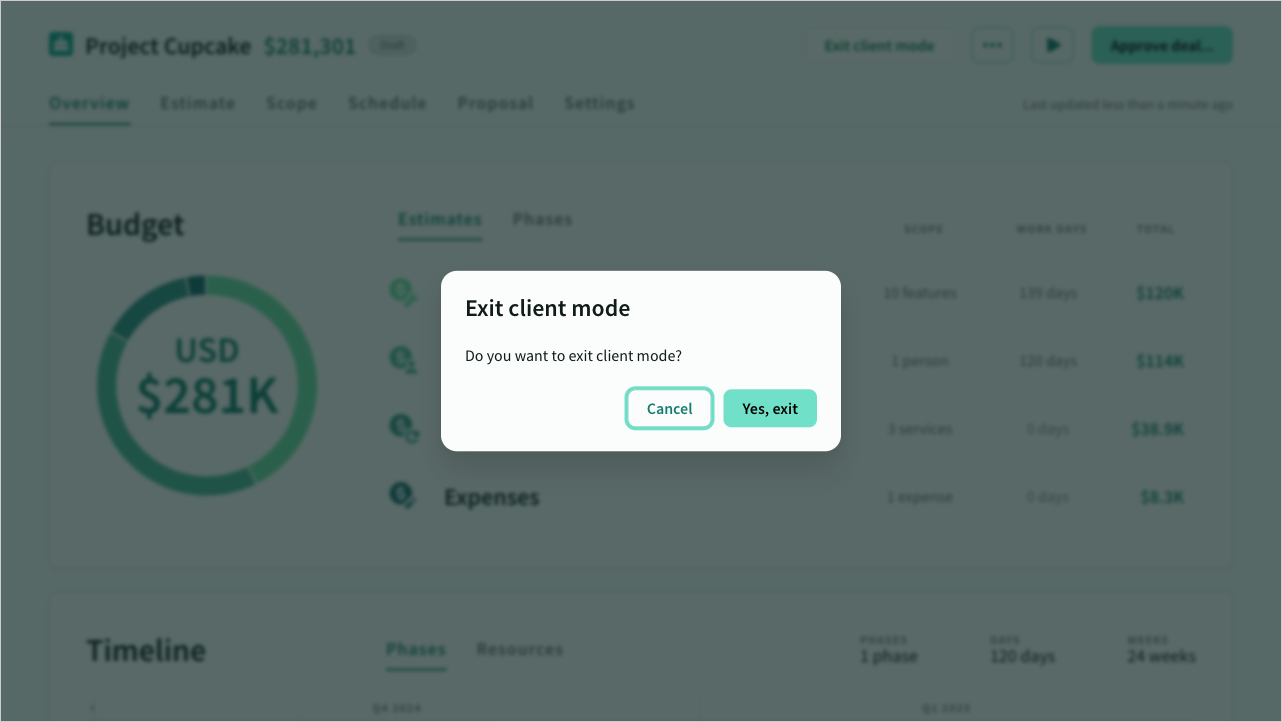 Confirmation prompt appears when exiting client mode or navigating away from the deal.