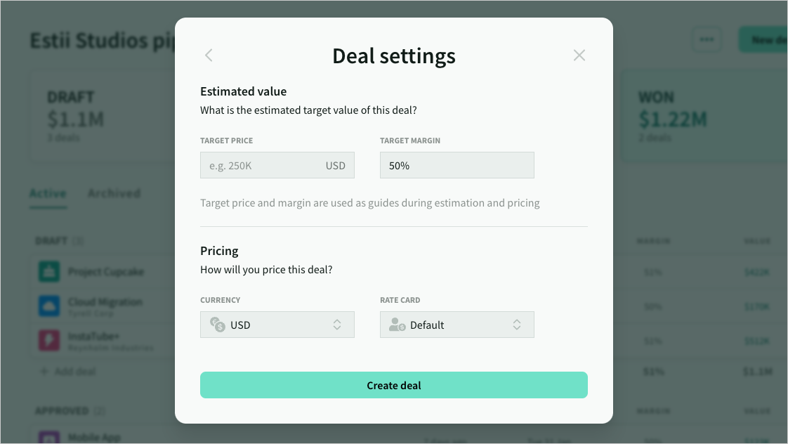 Pricing settings for the deal
