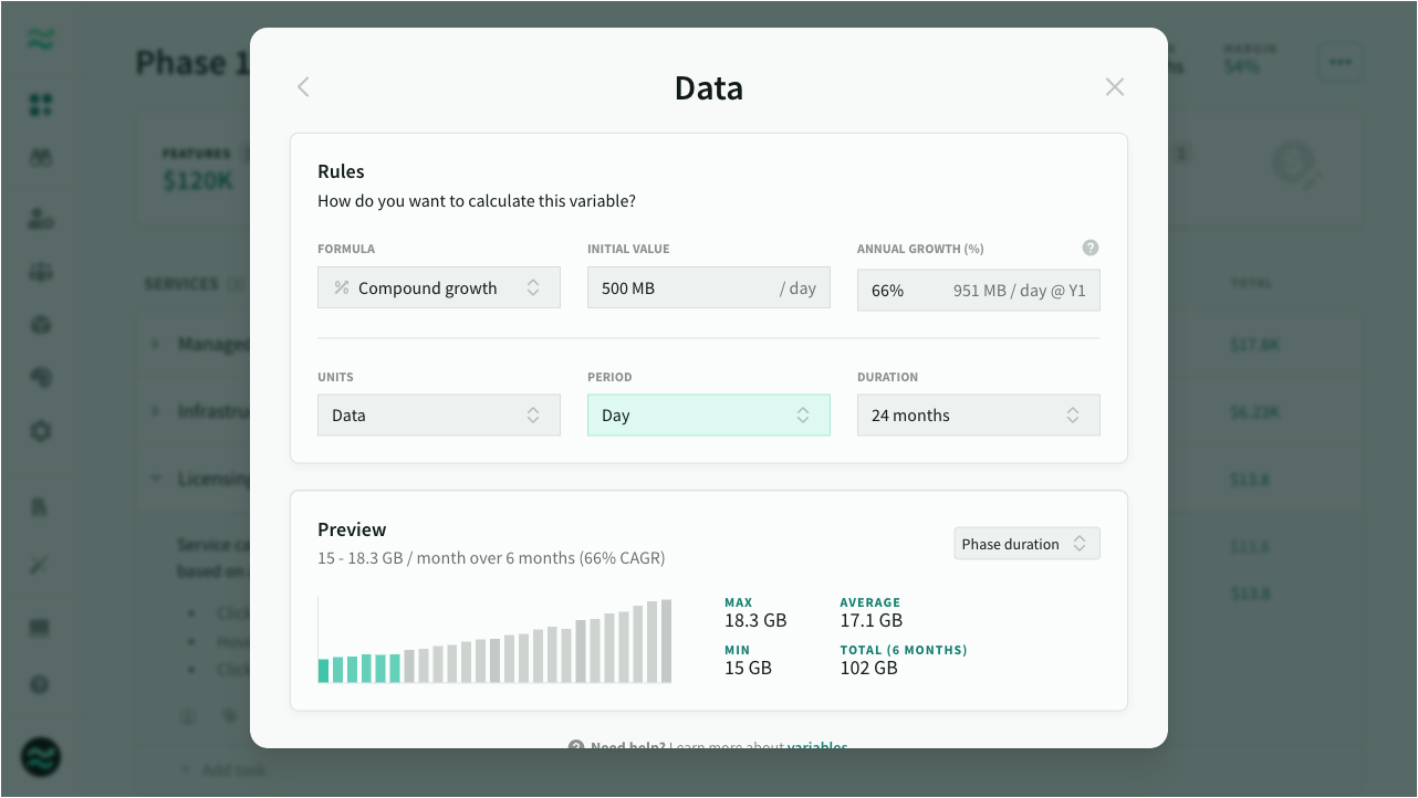 Variable with CAGR percent-based formula and data-based units