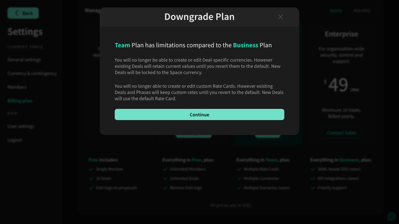 Confirmation message when downgrading to a lower plan