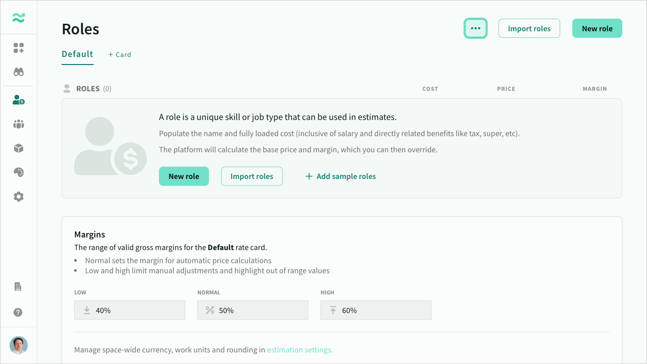 Settings for the default rate card