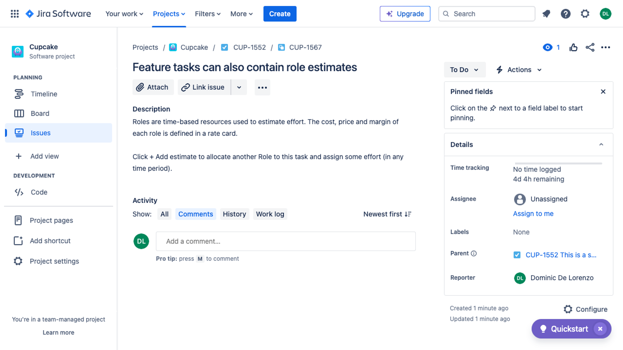 Example task with description and time estimates