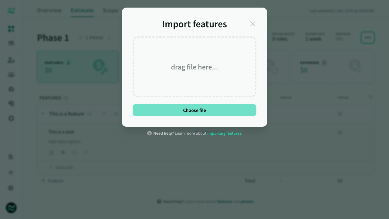 The feature import dialog