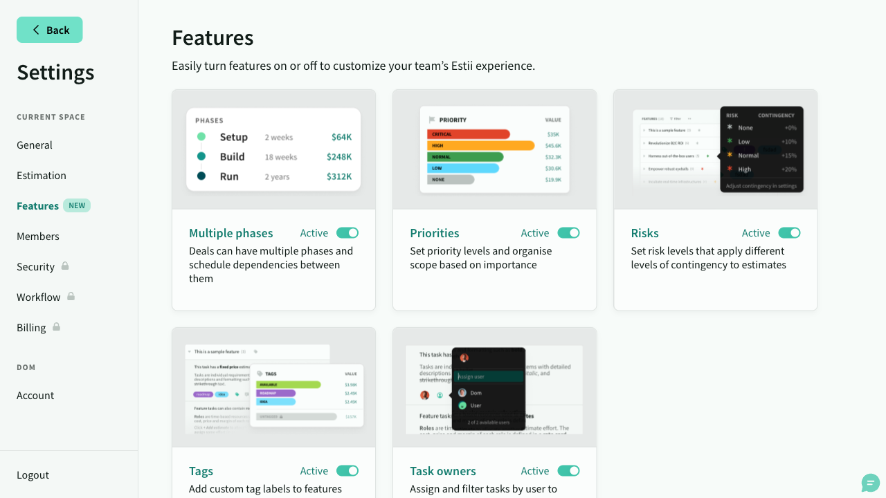 Settings for customizing estimation features