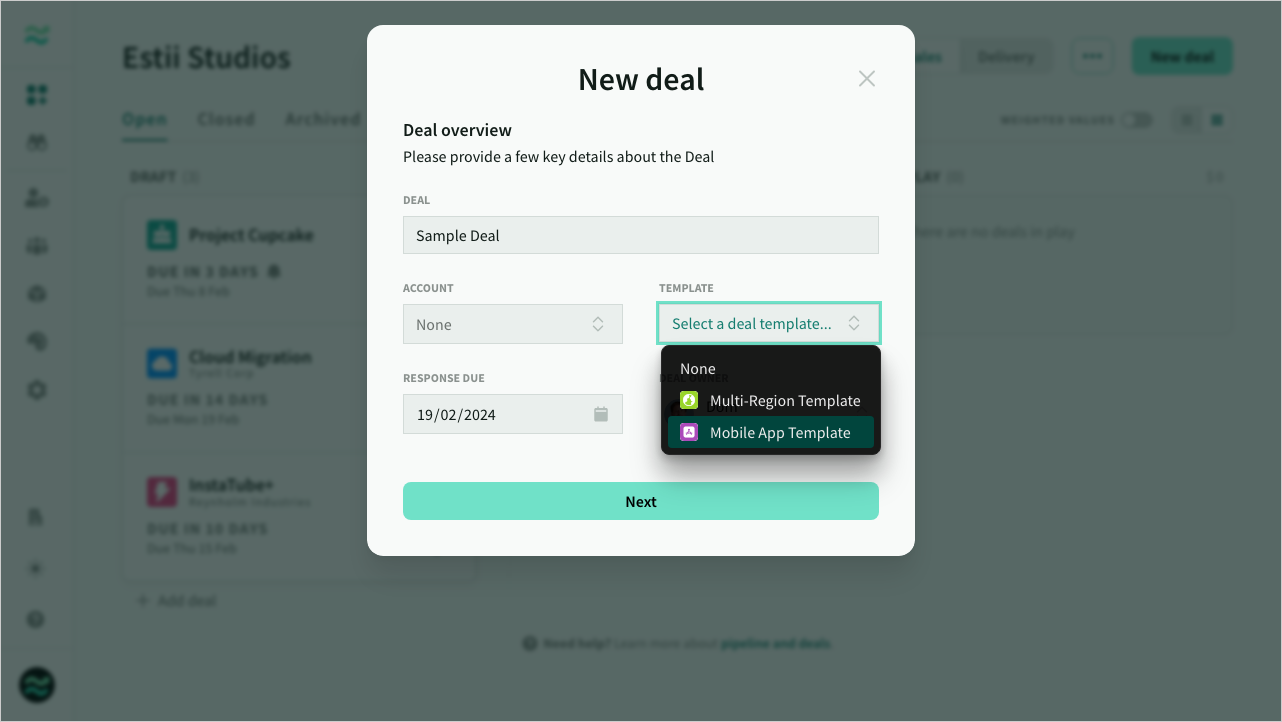 Creating a deal from a template