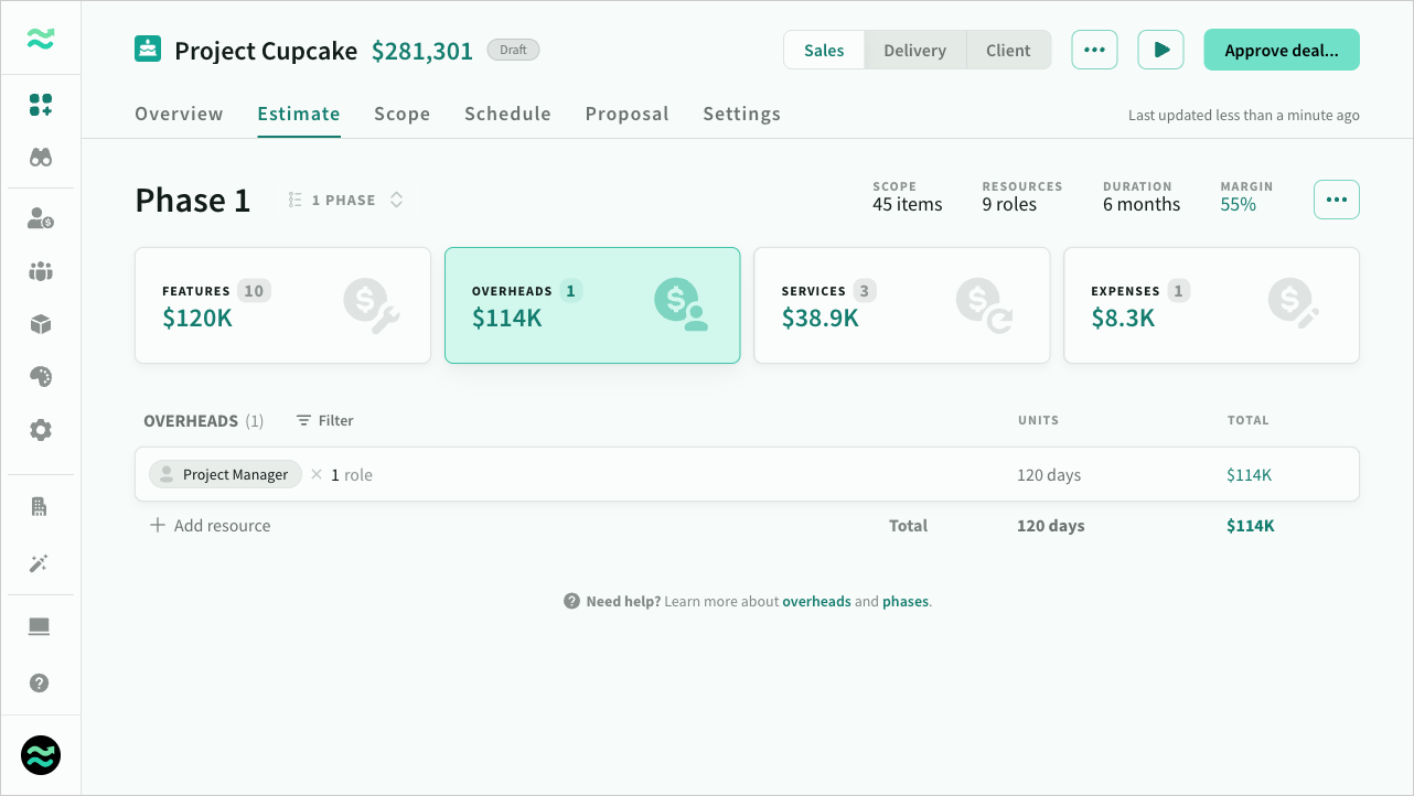 The overhead estimates screen