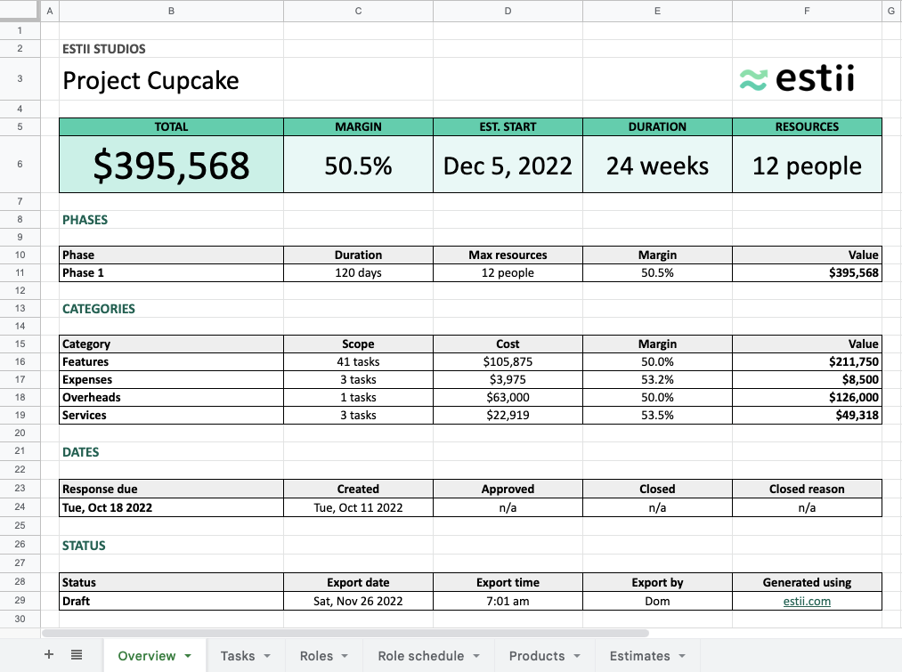 Exported deal overview sheet