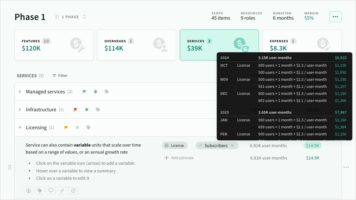 Recurring services breakdowns are grouped by month and year