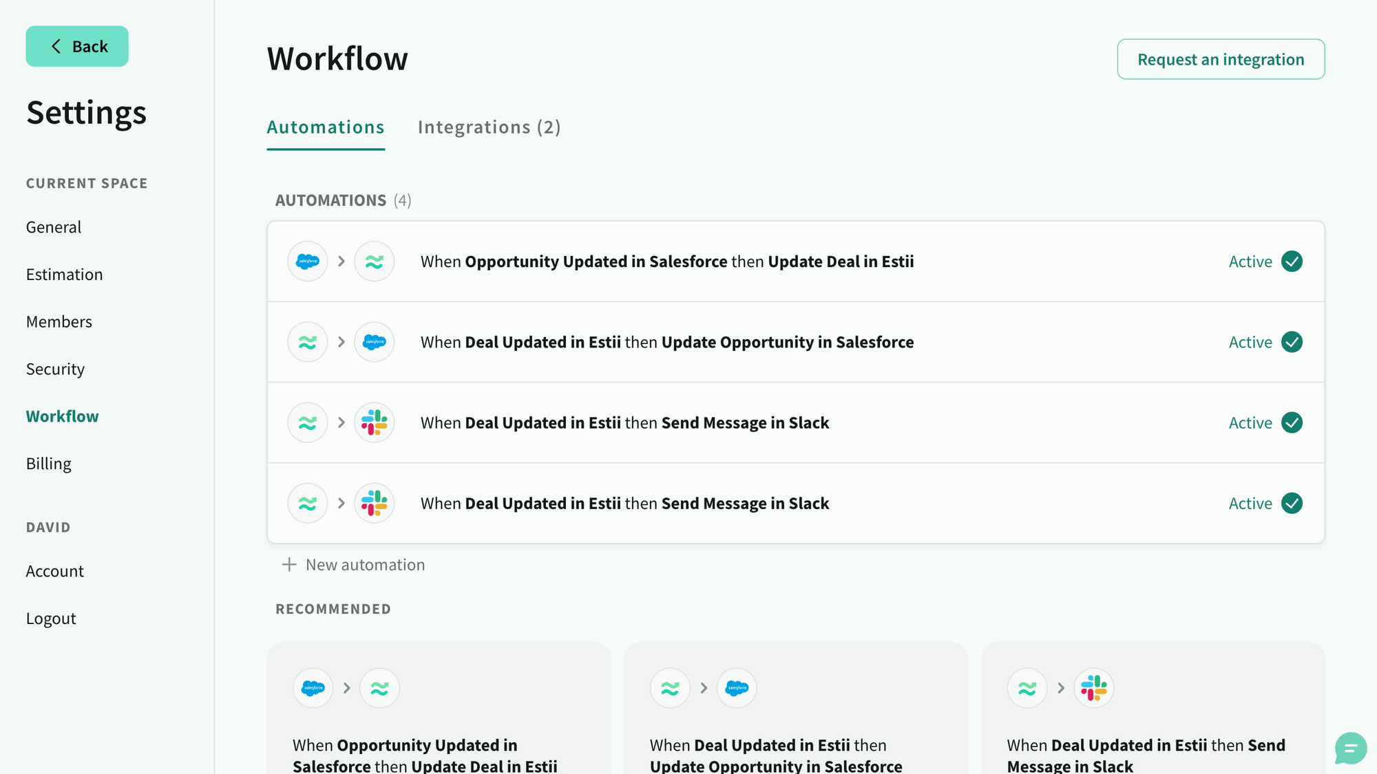 Access automations and integrations from the **workflow** page