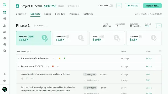 Scope-driven service estimate with cost, price and margin