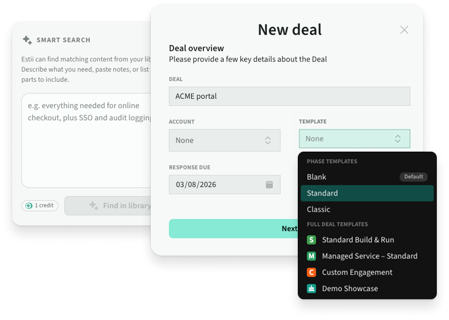 Smart search finding matching library content for a new deal