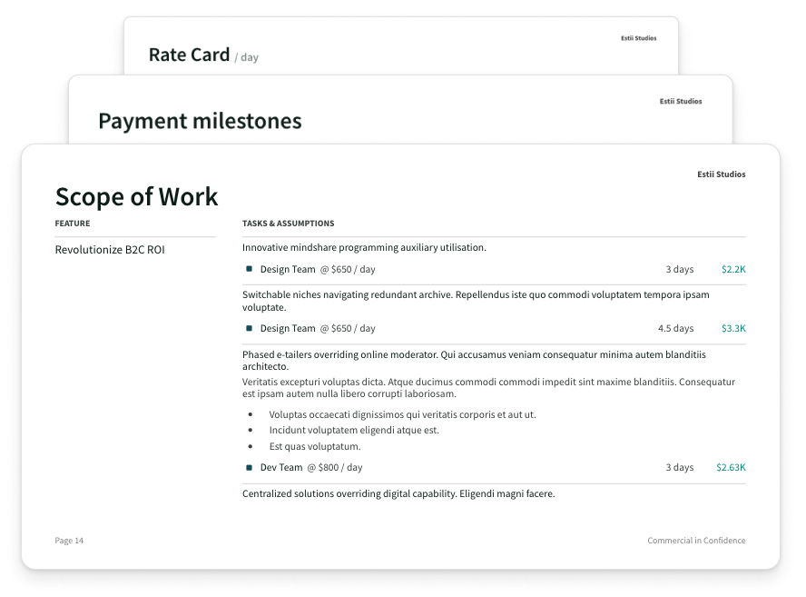 Export statements of work, payment milestones and rate cards